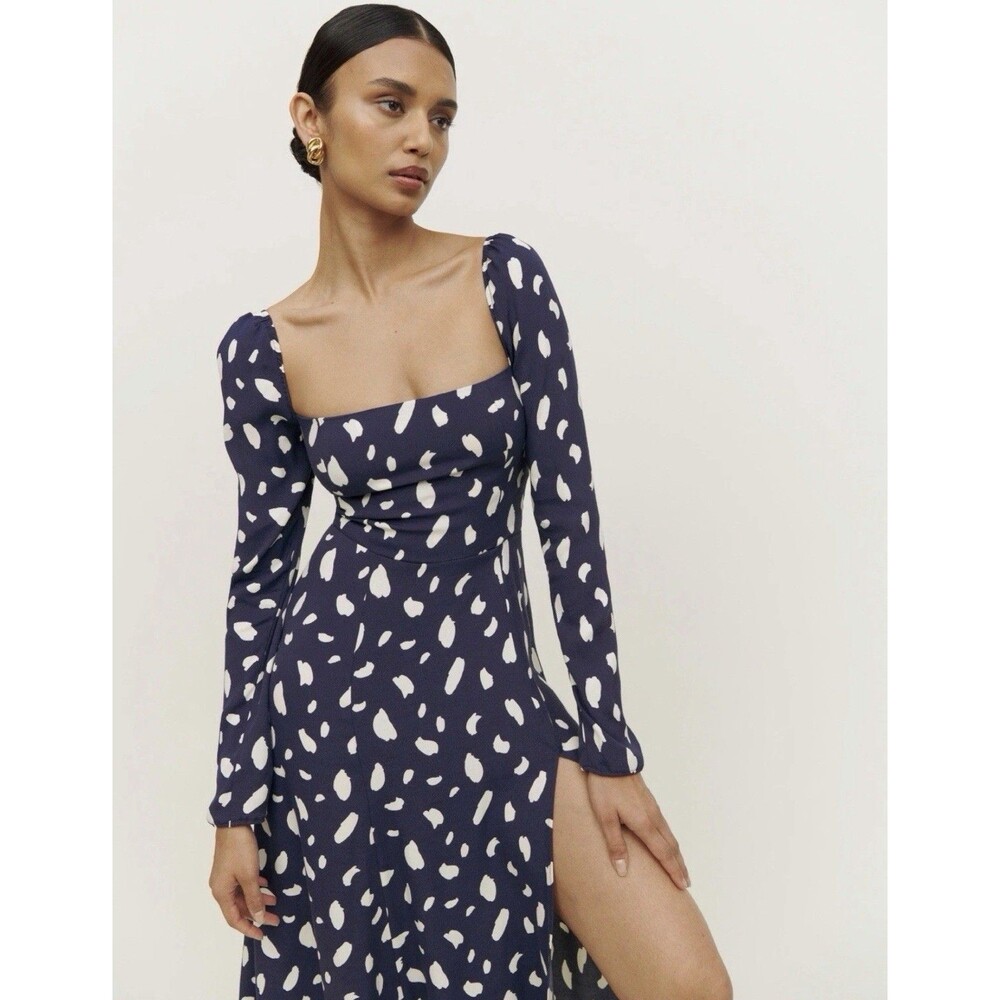 Reformation Sigmund DressSplatter Print Long Sleeve SquareNeck Slit Midi Sz 2